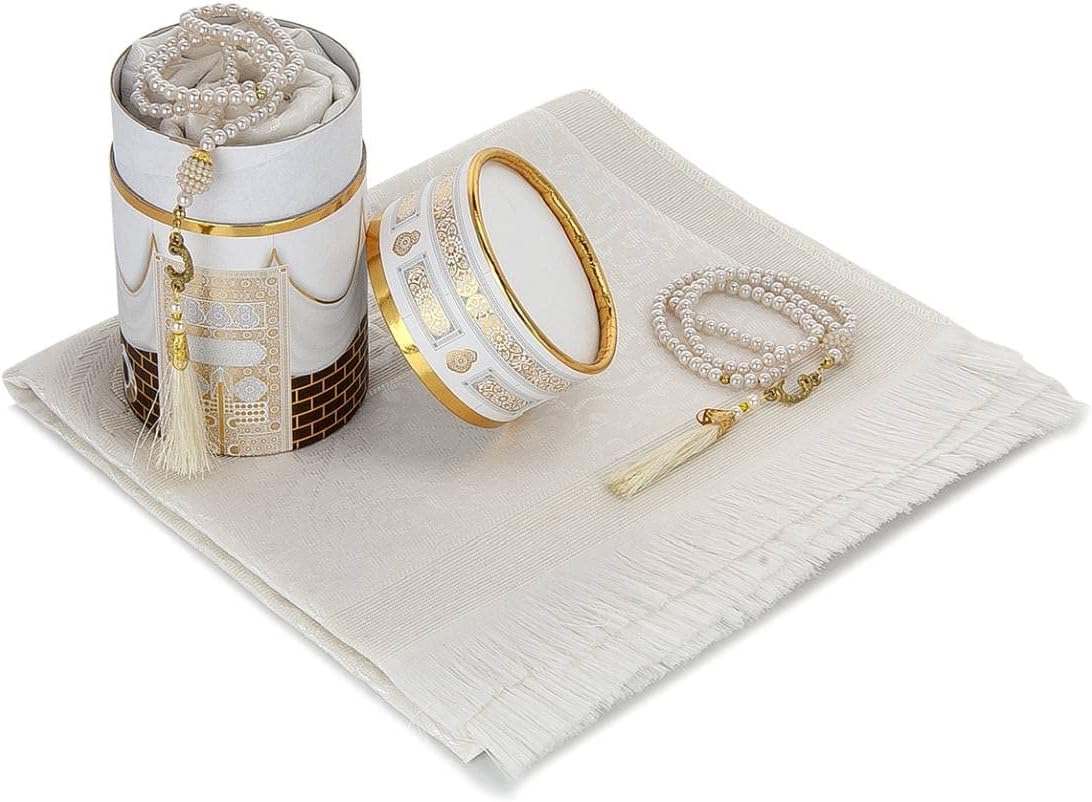 Muslim Prayer Rug and Prayer Beads with Elegant Design Cylinder Gift Box