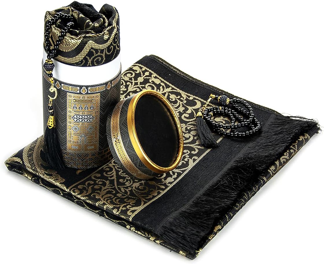 Muslim Prayer Rug and Prayer Beads with Elegant Design Cylinder Gift Box