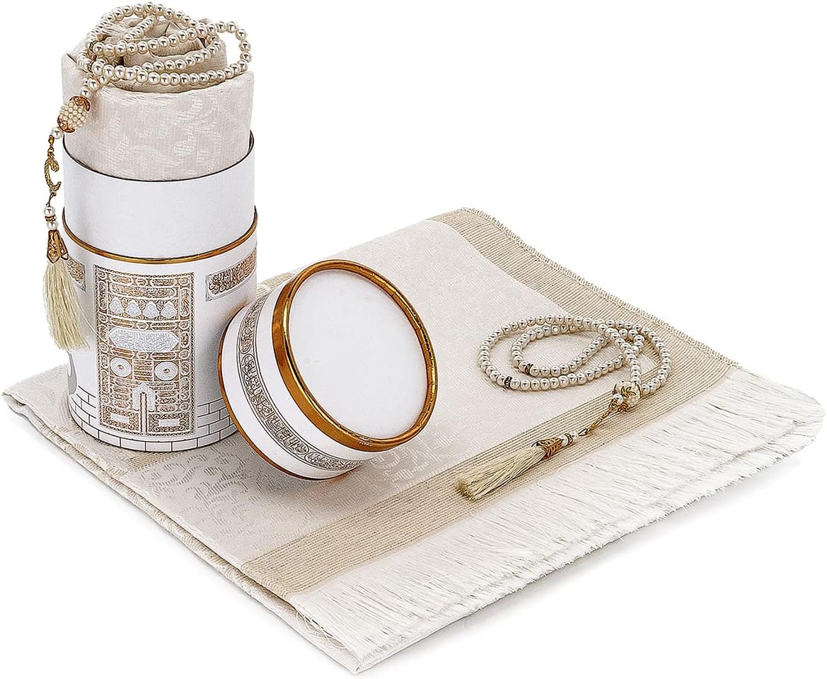 Muslim Prayer Rug and Prayer Beads with Elegant Design Cylinder Gift Box