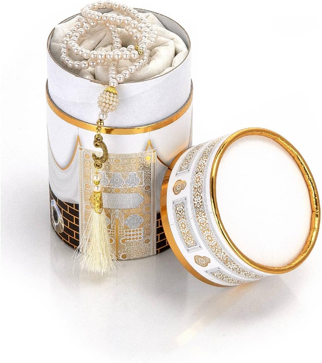 Muslim Prayer Rug and Prayer Beads with Elegant Design Cylinder Gift Box