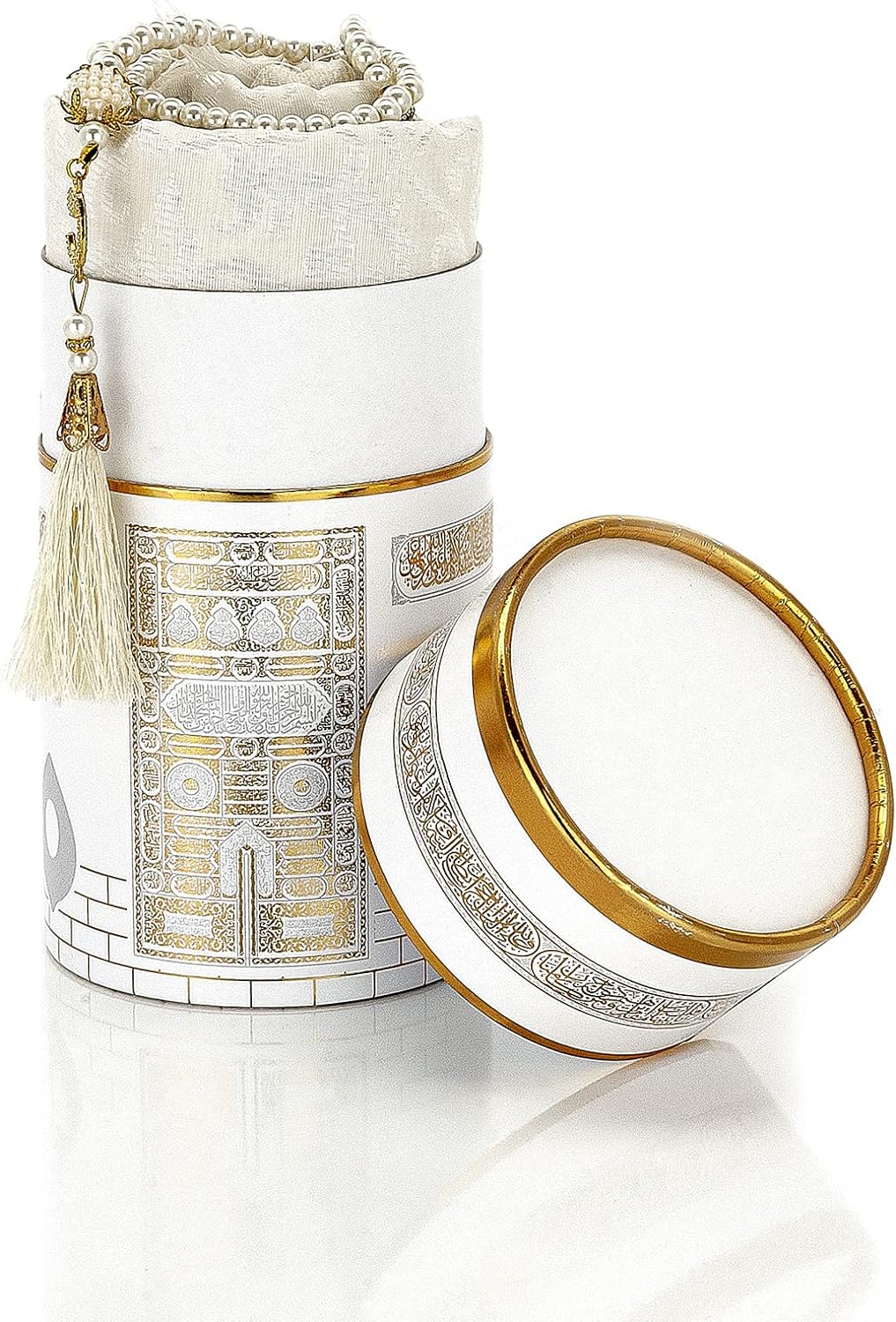 Muslim Prayer Rug and Prayer Beads with Elegant Design Cylinder Gift Box