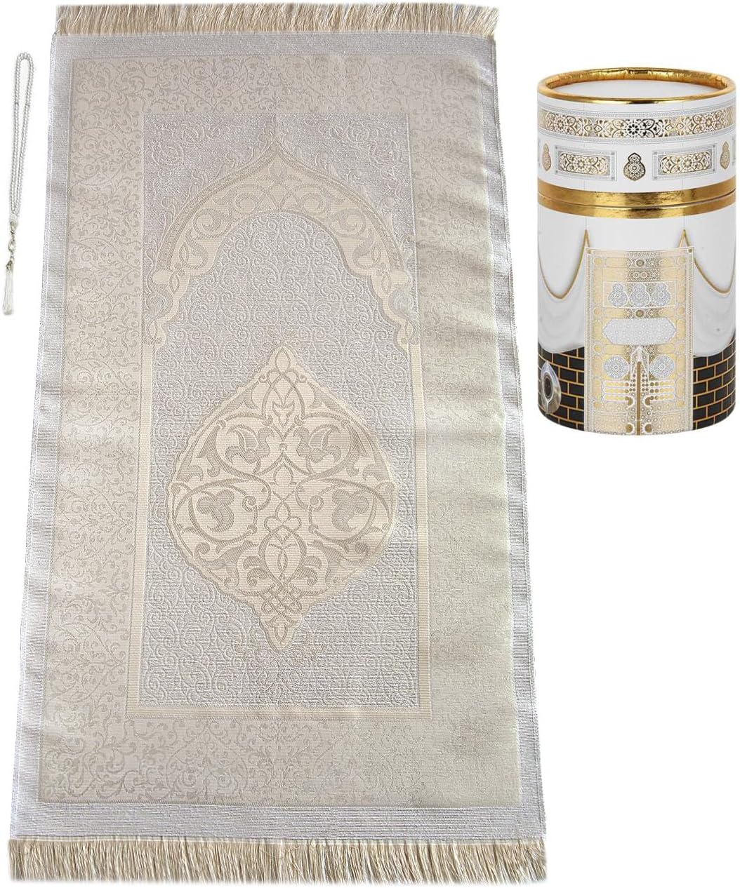 Muslim Prayer Rug and Prayer Beads with Elegant Design Cylinder Gift Box