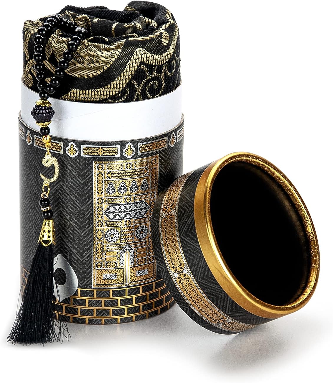 Muslim Prayer Rug and Prayer Beads with Elegant Design Cylinder Gift Box