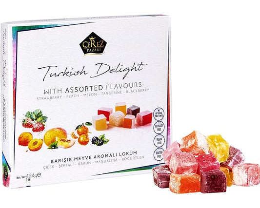 Cerez Pazari Turkish Delight Candy With Assorted Flavors 16oz (33-38 pcs)