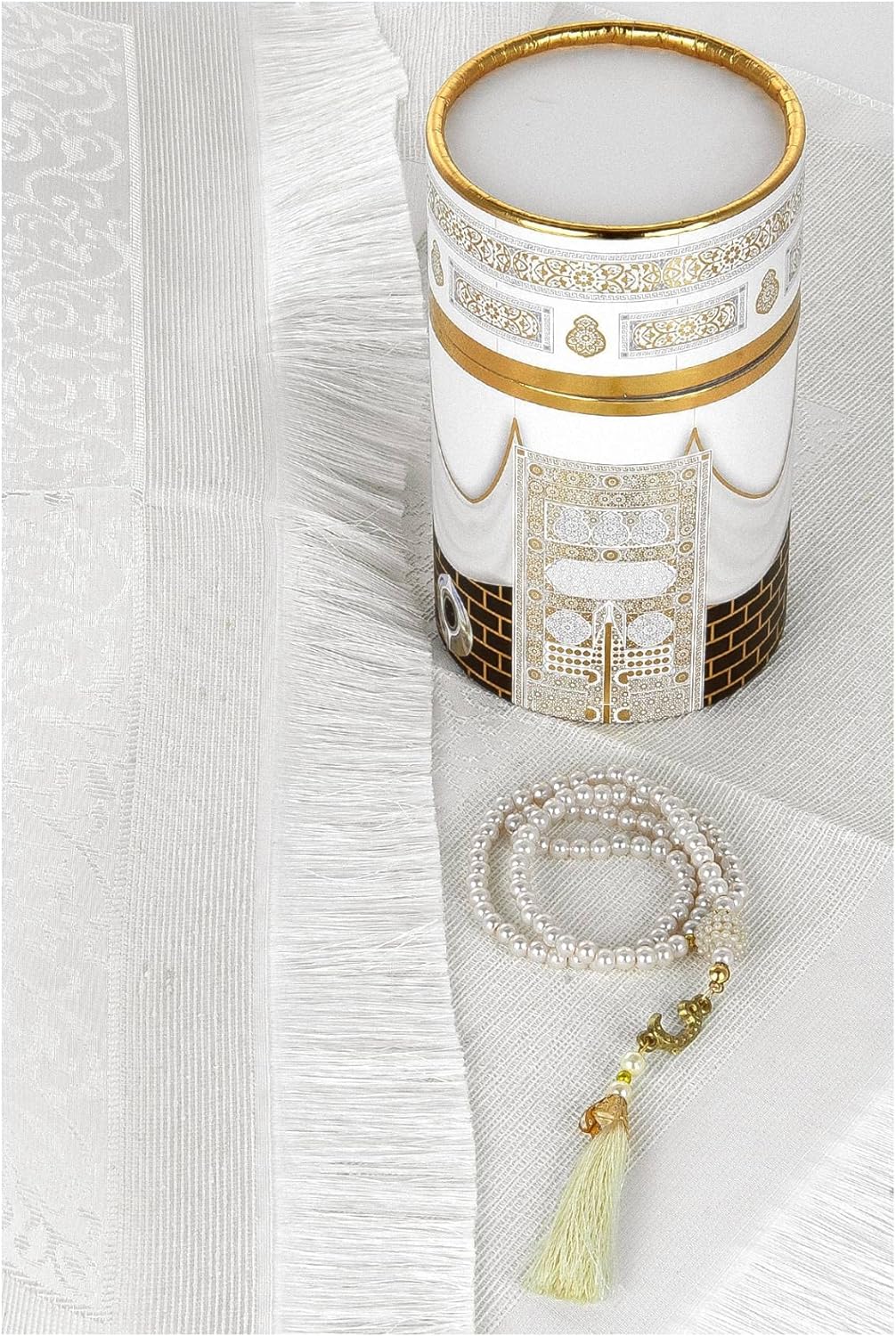 Muslim Prayer Rug and Prayer Beads with Elegant Design Cylinder Gift Box