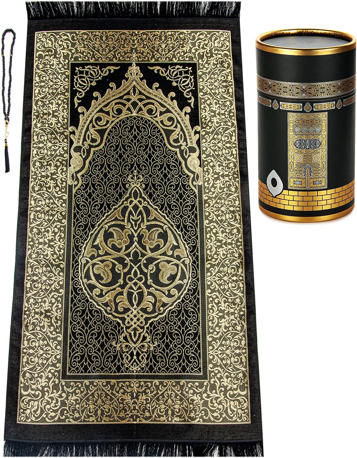 Muslim Prayer Rug and Prayer Beads with Elegant Design Cylinder Gift Box